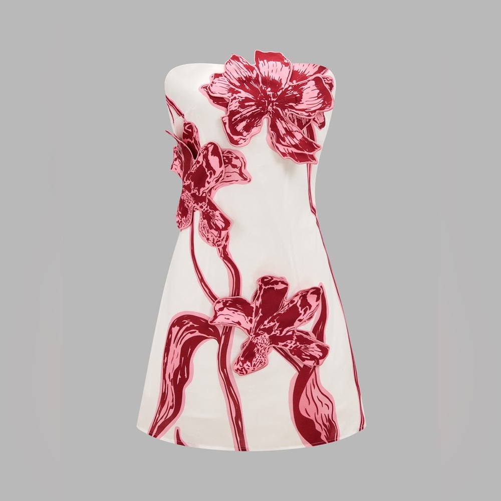 Commense White Strapless Dress with Pink Floral Appliqué